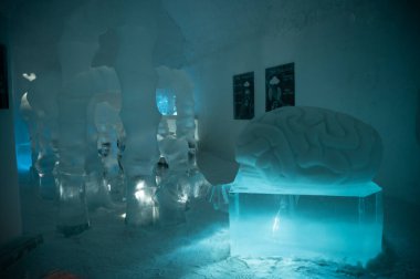 Kiruna, İsveç - 23 Şubat 2022, Ice Hotel ziyareti. Kiruna, İsveç 'teki IceHotel' in içindeki oda sanatı..