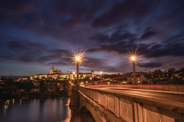 Panoramic Nightscape Charles Bridge Prague Castle River Vltava Prague Czech — Stock Photo, Image