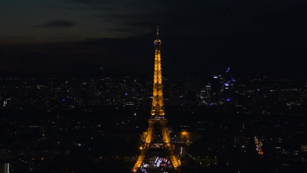 Flyg Frankrike Paris Eiffeltornet Video Ljus Blinkande Eiffeltornet Natten Paris — Stockvideo