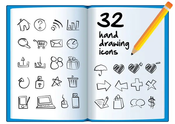 Hand pictogram puttend uit een groot boek met een potlood. — Stockvector