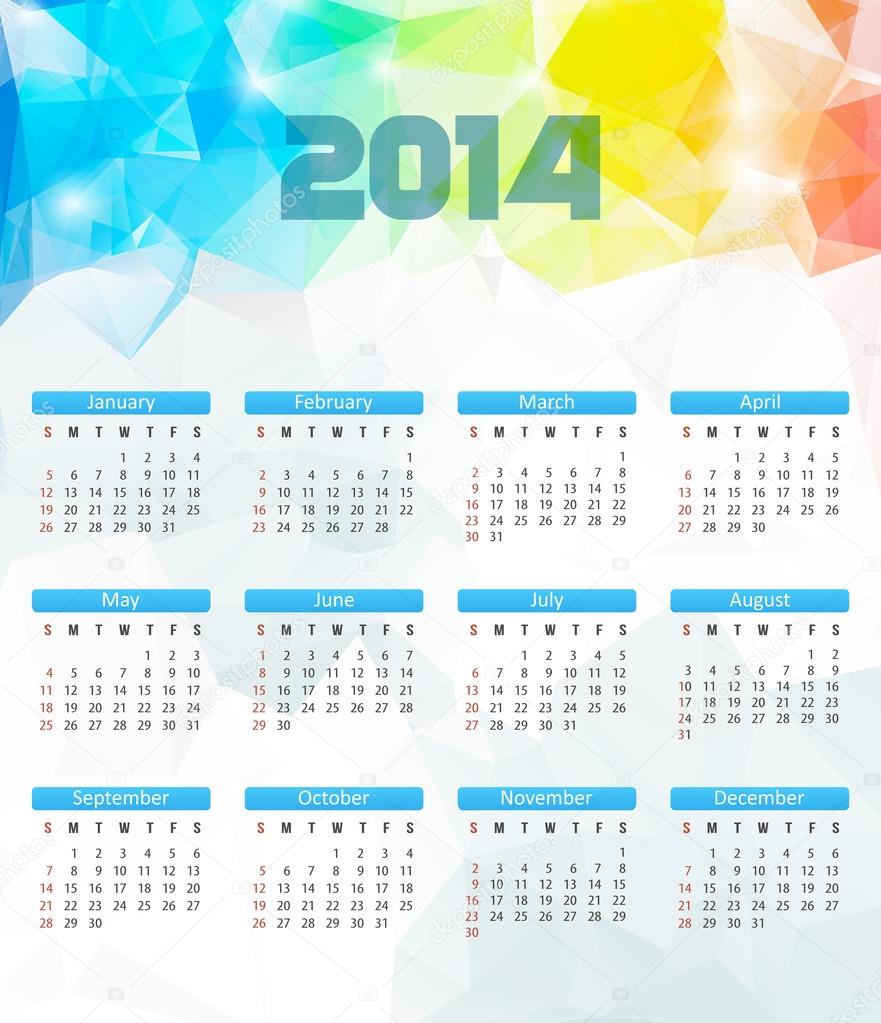 Calendar 2014. Vector. Polygonal Illustration