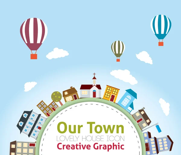 Our Town with Lovely House Icons (hot air balloon in the sky) — Stock Vector