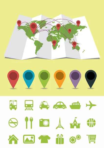 Mapa do Mundo com Pinos e ícones —  Vetores de Stock