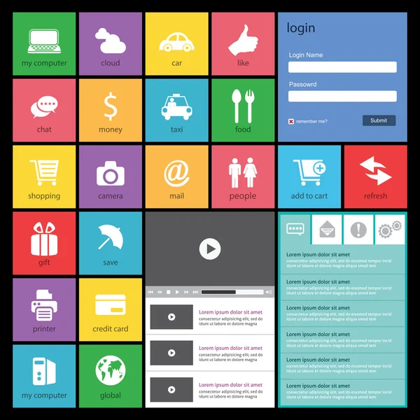 Platt webbdesign, element, knappar, ikoner. Mallar för webbplats — Stock vektor