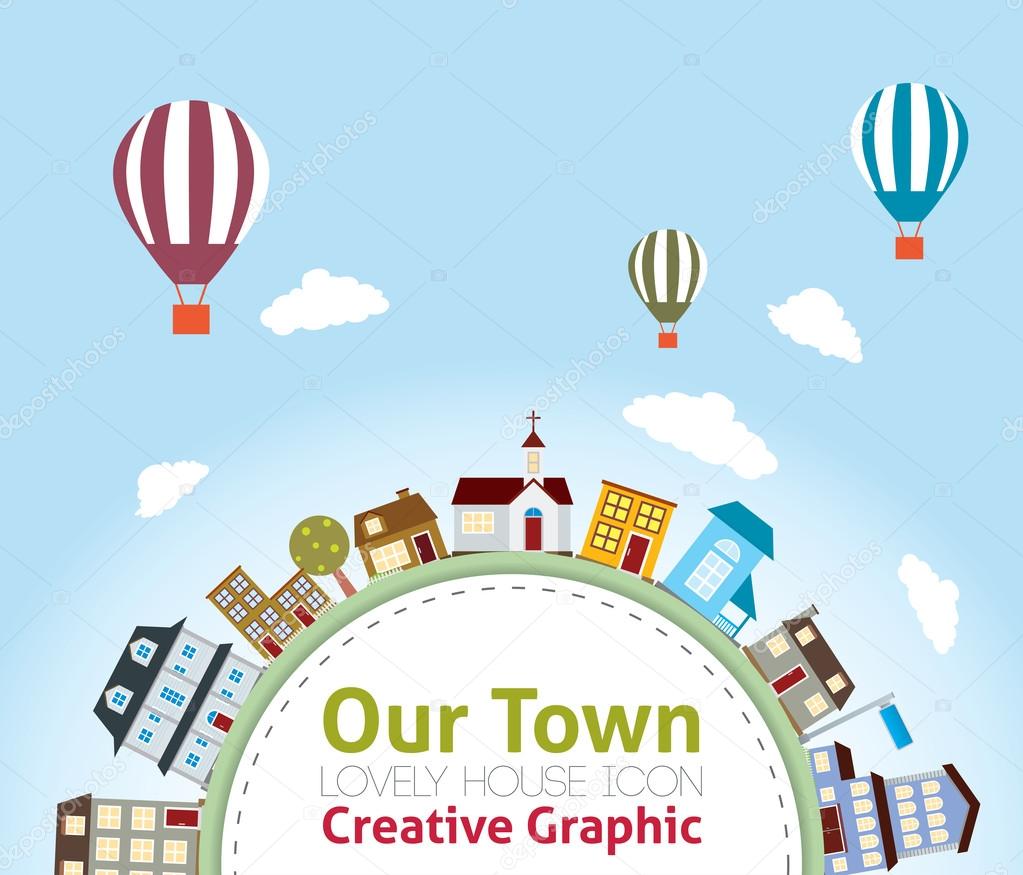 Our Town with Lovely House Icons (hot air balloon in the sky)