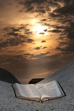 The Holy Bible open outdoors on top of a rock under the orange light of the sun at dawn.