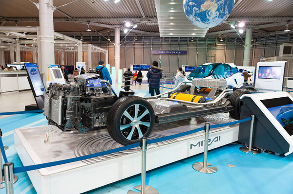 Odaiba, Tokyo, Japan, Toyota Showcase Mega Web Palette Town - January 2, 2020: New hydrogen fuel cell Toyota Mirai chassis and engine.