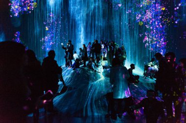 Odaiba, Tokyo, Japonya - 02 Ocak 2020: Güzel projektör ve EPSON takım laboratuarında ışık efekti dijital.
