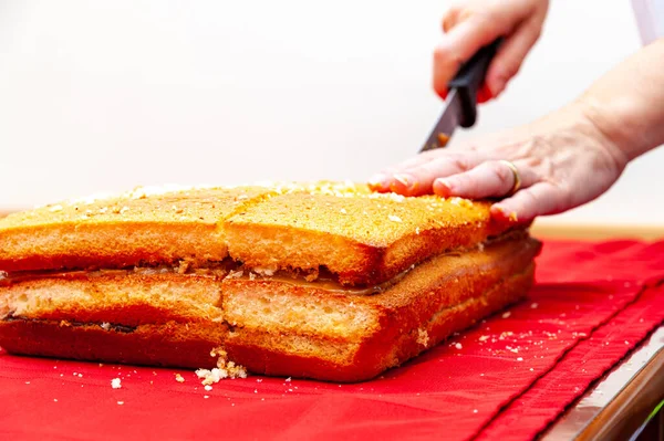 Preparación Torta Corte Mano Pastel Peluche Mantel Rojo Aislado Sobre —  Fotos de Stock