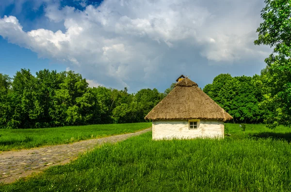 Oude traditionele Oekraïense landelijk gelegen vakantiehuis met een stro dak — Stockfoto