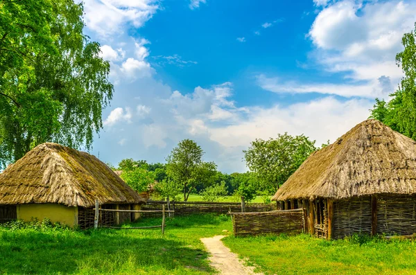 Gamla traditionella ukrainska landsbygden stuga med halm tak Royaltyfria Stockfoton