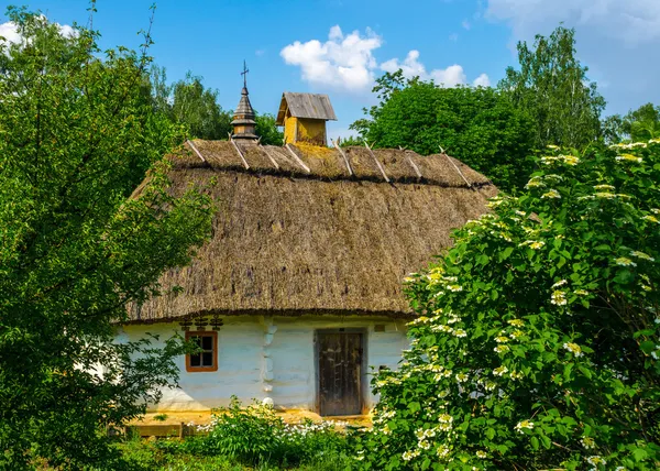 用稻草屋顶古代传统乌克兰农村别墅 免版税图库照片