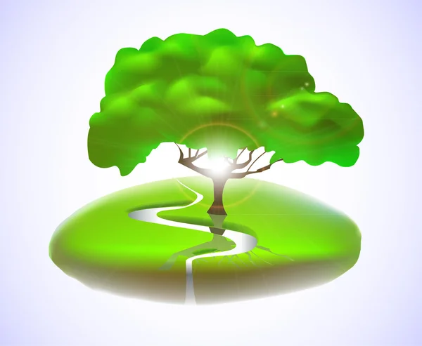 Árbol, tierra, corriente, sol, vector de ilustración . — Vector de stock