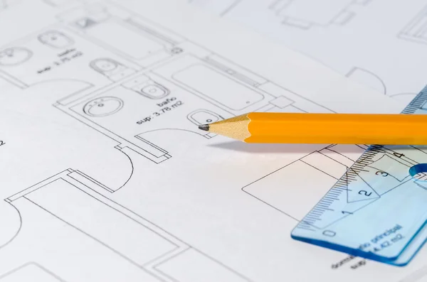 Pencil over a Blueprint — Stock Photo, Image