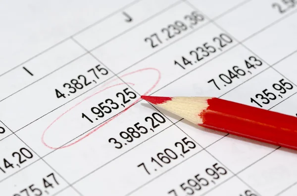 Financiële cijfers en rood potlood — Stockfoto