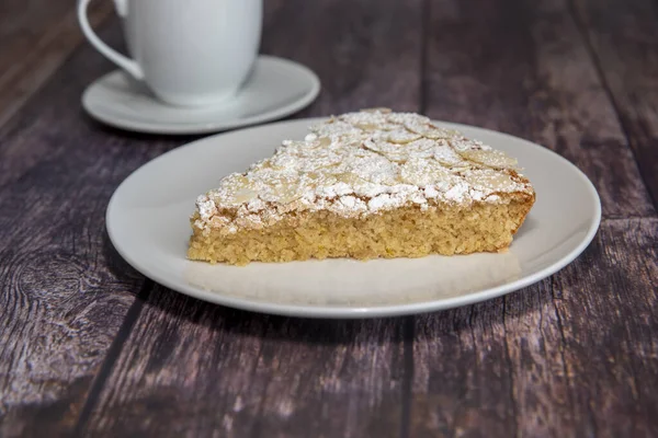 Slice Almond Cake Served Wooden Table Coffee Cup — Stock Photo, Image