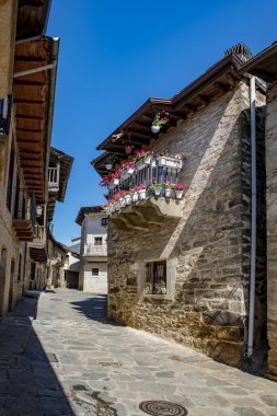 Puebla de Sanabria, Zamora, İspanya; Temmuz 2021: Puebla de Sanabria, İspanya, Castilla y Leon 'da taş binaları ve çiçekli eski köy