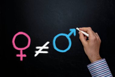 Tebeşir tahtasında cinsiyet eşitsizliği konsepti çiziliyor. El çizgileri eşittir işareti, kadın ve erkeğin sembolü.