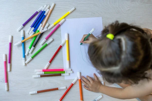 Top View Little Girl Drawing Floor — Stockfoto