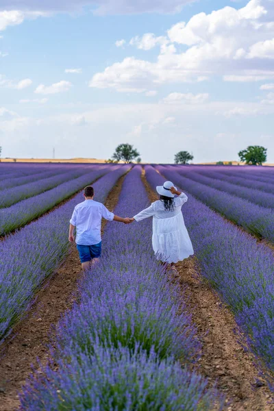Couple Holding Hands Strolling Lavender Field —  Fotos de Stock