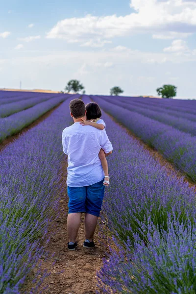 Father His Daughter His Arms Walking Lavender Field —  Fotos de Stock