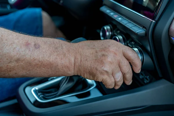 Close Man Hand Adjusting Air Conditioning Controls Automatic Car — Stock Photo, Image