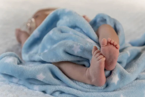 Piedini Neonato Avvolti Una Coperta Blu — Foto Stock