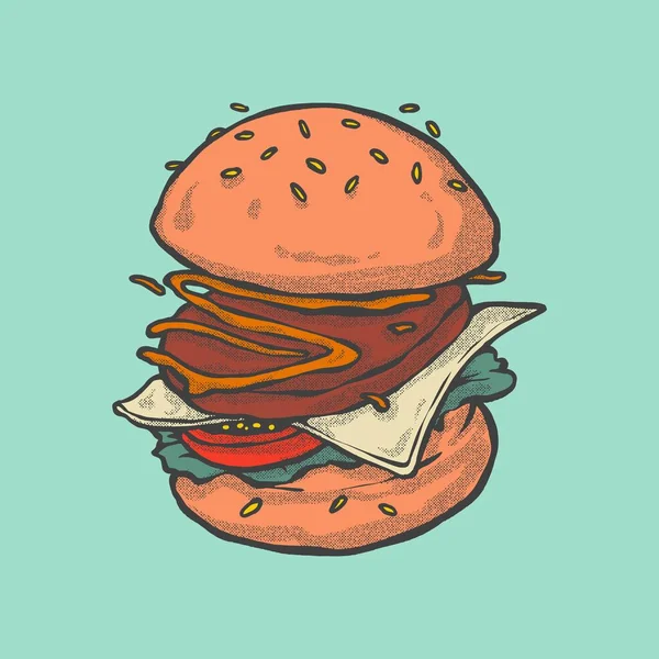 Απεικόνιση Burger Διάταξη Χειροποίητη Τεχνική Πλήρες Χρώμα — Διανυσματικό Αρχείο