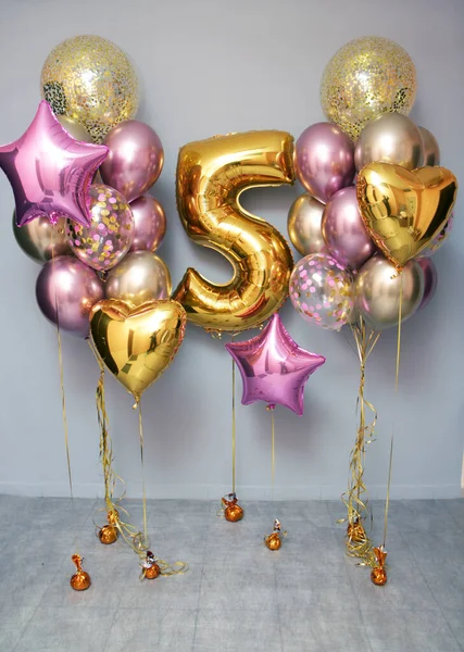 Balões Ouro Cor Rosa Grande Conjunto Balões Hélio Para Uma — Fotografia de Stock