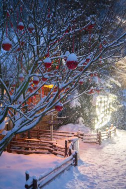 Kırmızı kurdeleli kırmızı balonlar ve ağaç dallarında asılı kar şapkaları, kış akşamı