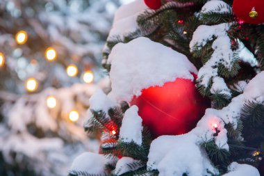 Noel ağacındaki karda kırmızı Noel oyuncakları