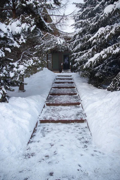 Großes Holzhaus Schnee Verschneiter Winter Den Bergen Weihnachtsbäume Schnee Schneesturm — Stockfoto