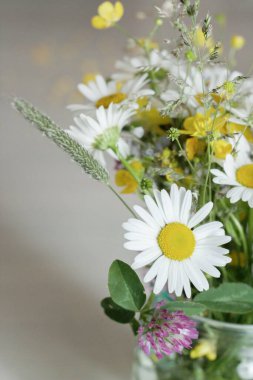 Kavanozda bir buket çiçek, masada, papatya çayı.