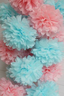 Beyaz arka planda ev için pembe ve mavi kağıt ponponlar.