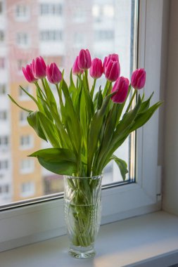 Penceredeki vazoda bir buket pembe lale.