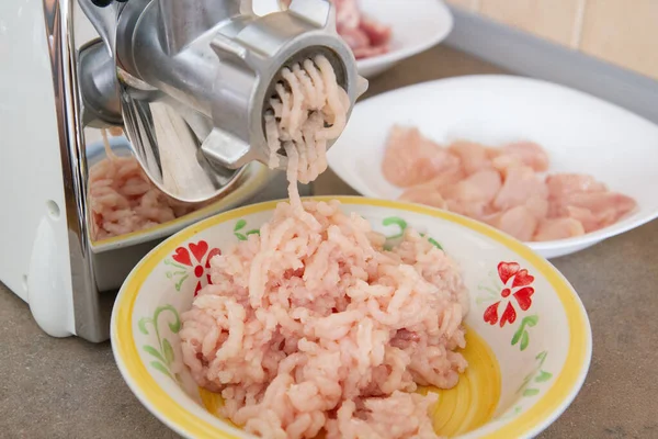 meat grinder grinds chicken meat into minced meat