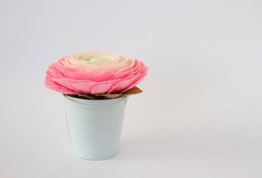 Beyaz arka planda beyaz bir kovadaki kağıt çiçek.