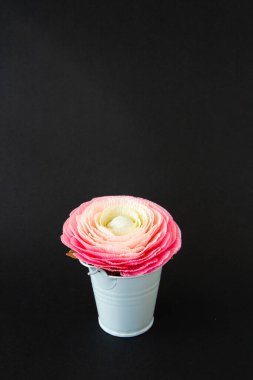 Siyah arka planda beyaz kovadaki kağıt çiçek.