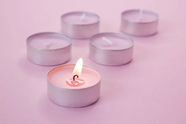 Burning Pink Candle Pink Background — Stock Photo, Image