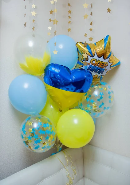 Yellow Blue Balloons Inscription Balloon Super Dad — Zdjęcie stockowe