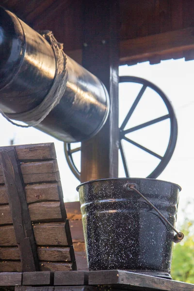 Rural Wooden Well Black Bucket Water — 스톡 사진