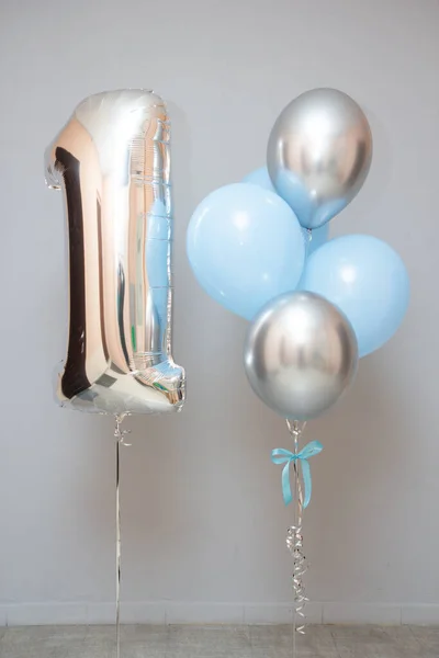 blue and silver balloons for 1 year, silver foil balloon number 1