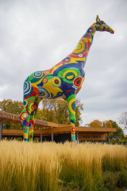 Çimen tarlasında çok renkli bir zürafa figürü
