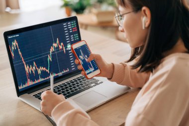 Dişi borsa yatırımcısı dizüstü bilgisayar ve akıllı telefonu yatırım yapmak ve evden kripto para satın almak için kullanıyor, notlar alıyor, yatırım risklerini düşünüyor. Kripto para birimi kavramı