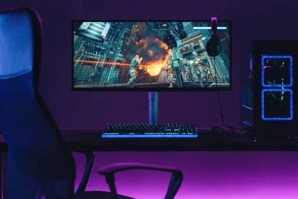 Pro gamer work space in neon lights — Stok fotoğraf