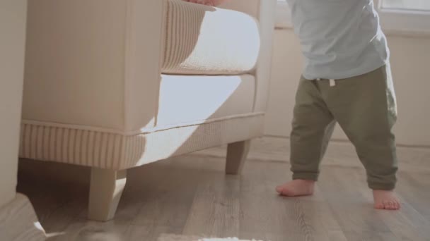 Little Cute Child Boy Doing First Steps Floor Living Room — Video