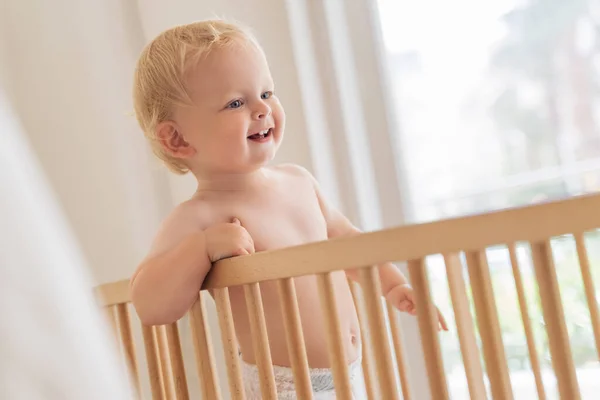 Indoor portrait of sweet little baby in diaper standing in bed trying to walk, learning to do first step holding onto bumpers on window background at home