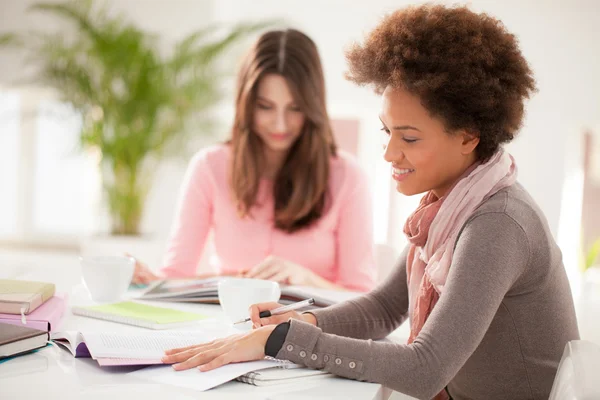 Lachende vrouw samen studeren — Stockfoto