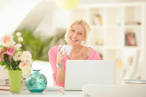 Mulher sorridente em seu laptop em casa — Fotografia de Stock