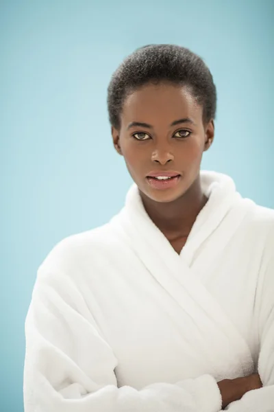 Young African Woman Wearing a Bath Robe — Stock Photo, Image